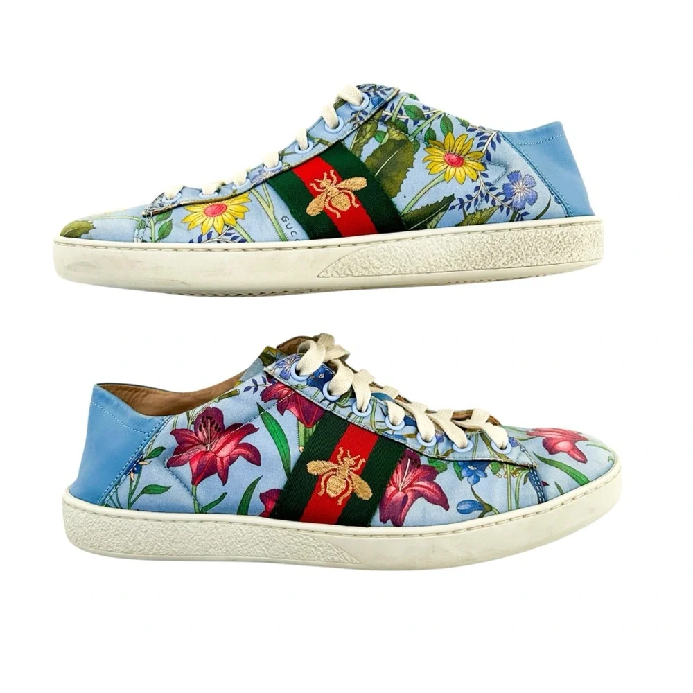 Gucci Ace Blue Floral Print Bee Web Stripe Leather Low Top Slip On Sneakers 38.5